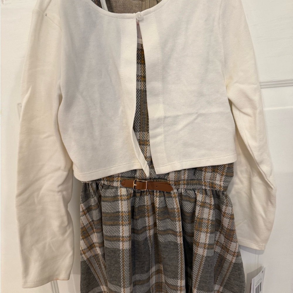 Bonnie Jean White and Gray Plaid Dress with Cardigan